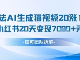 懒人玩法AI生成猫咪图片视频,20涨1.2W万粉,小红书商单20天变现7k