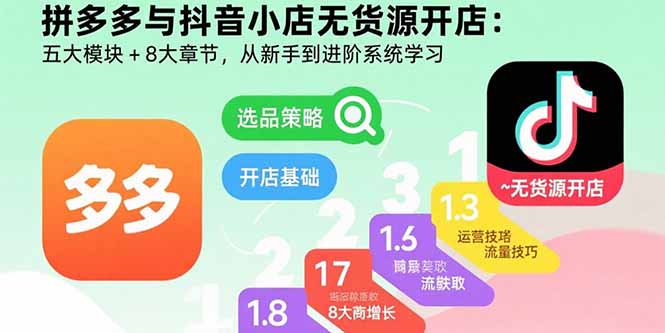 (15805期)拼多多与抖音小店无货源开店:五大模块+8大章节,从新手到进阶系统学习