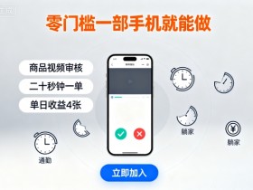 零门槛一部手机就能做,商品视频审核,通勤躺家碎片时间都能做,二十秒钟一单,单日收益4张【揭秘】
