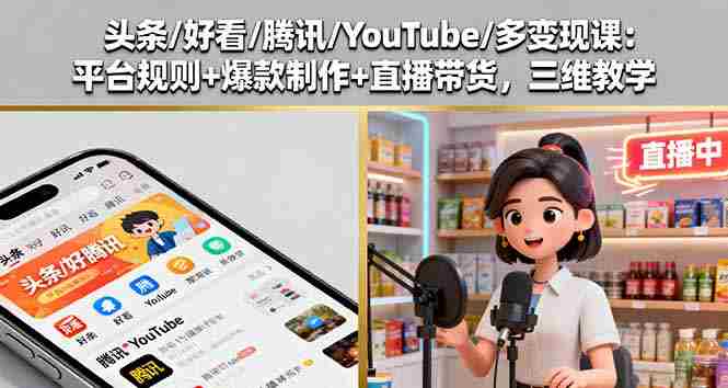 (16147期)头条/好看/腾讯/YouTube/多变现课:平台规则+爆款制作+直播带货,三维教学