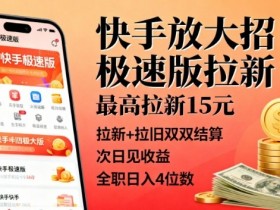 快手放大招!极速版拉新,最高拉新15米,拉新+拉旧双双结算,次日见收益,全职日入4位数