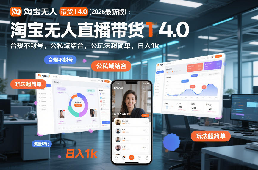 淘宝无人直播带货14.0(2026最新版):合规不封号,公私域结合,玩法超简单,日入1k+【揭秘】