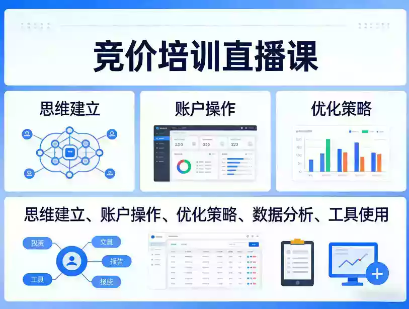 竞价培训直播课,覆盖思维建立、账户操作、优化策略、数据分析、工具使用等,全方位提升效果