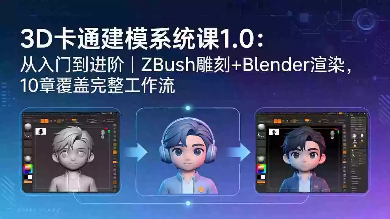3D卡通建模系统课1.0:从入门到进阶|ZBrush雕刻+Blender渲染,10章覆盖完整工作流