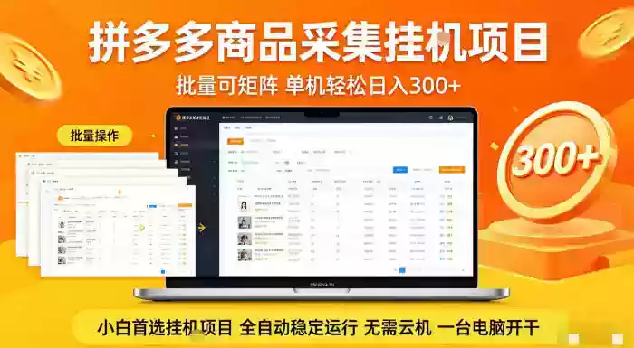 拼多多商品信息全自动采集项目,批量可矩阵,单机轻松日入300+,无需云机一台电脑开干【揭秘】