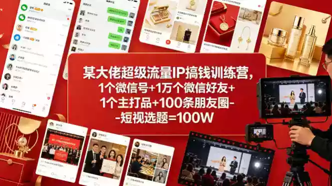 某大佬超级流量IP搞钱训练营,1个微信号+1万个微信好友+1个主打品+100条朋友圈-短视选题=100W