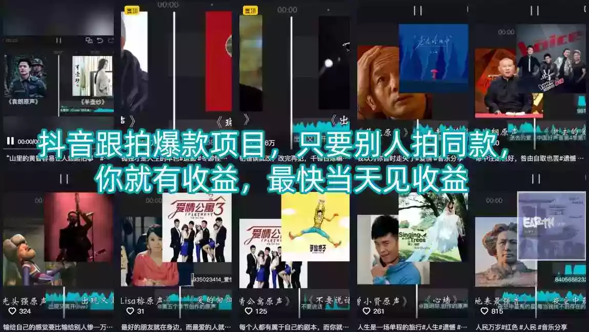 抖音跟拍爆款项目,只要别人拍同款,你就有收益,最快当天见收益