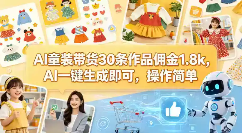 AI童装带货30条作品佣金1.8k,AI一键生成即可,操作简单