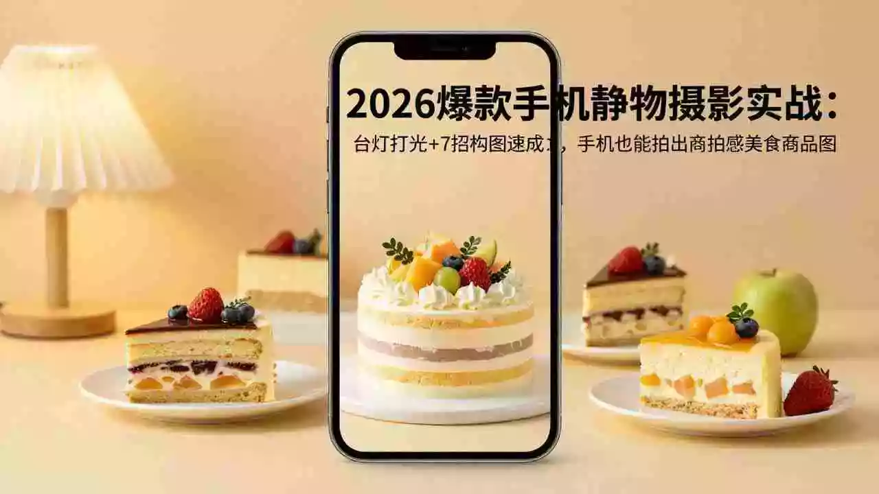 (17960期)2026爆款手机静物摄影实战:台灯打光+7招构图速成,手机也能拍出商拍感美食商品图