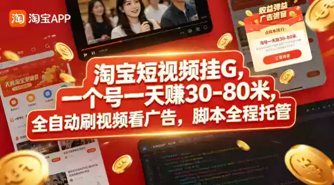 淘宝短视频挂G,一个号一天 賺30-80米,全自动刷视频看广告,脚本全程托管【揭秘】
