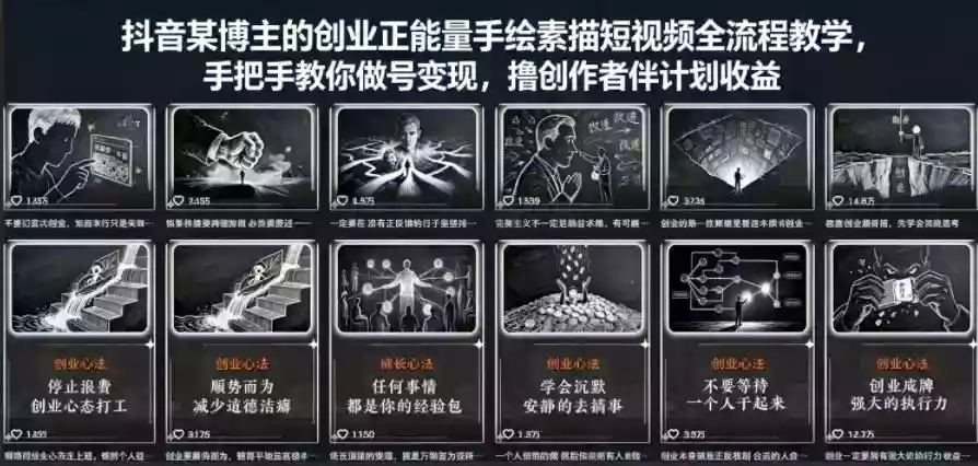 抖音某博主的创业正能量手绘素描短视频全流程教学,手把手教你做号变现,撸创作者伙伴计划收益