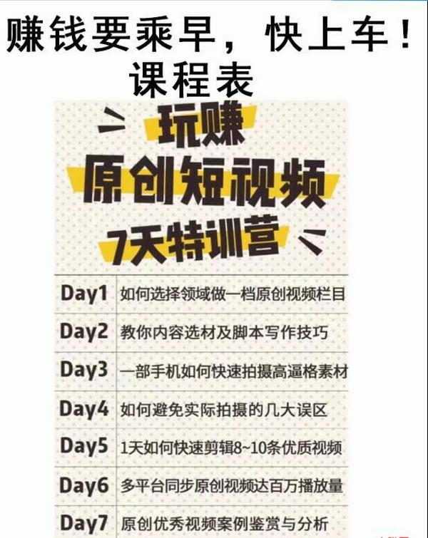 自媒体赚钱《玩赚原创短视频7天特训营》实现百万播放量（视频+资料+工具）