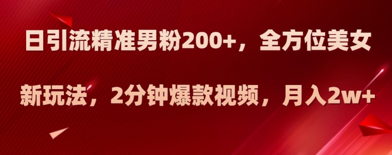 日引流精准男粉200+,全方位美女新玩法,2分钟爆款视频,月入2w+【揭秘】