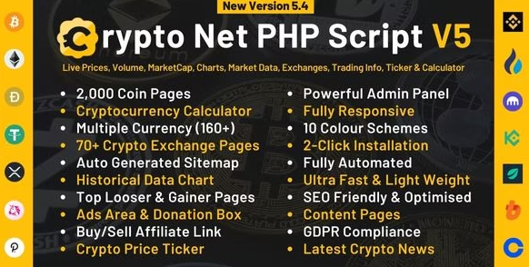Crypto Net v5.4 – CoinMarketCap、价格、图表、交易所、加密跟踪器、计算器和股票代码 PHP 脚本