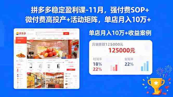 （16557期）拼多多稳定盈利课-11月，强付费SOP+微付费高投产+活动矩阵，单店月入10w+