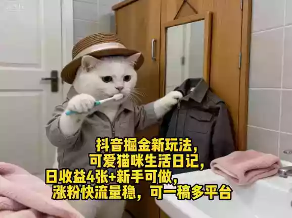 抖音掘金新玩法，可爱猫咪生活日记，日收益4张+新手可做，涨粉快流量稳，可一稿多平台