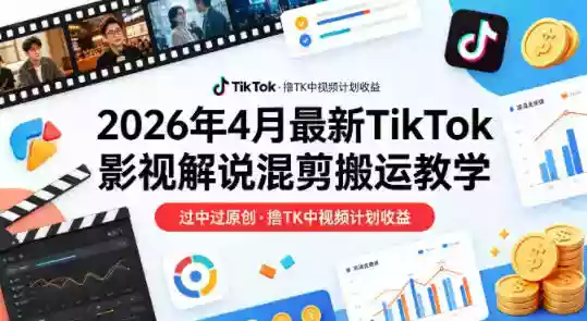 26年4月最新TikTok影视解说混剪搬运教学，过中过原创，撸TK中视频计划收益