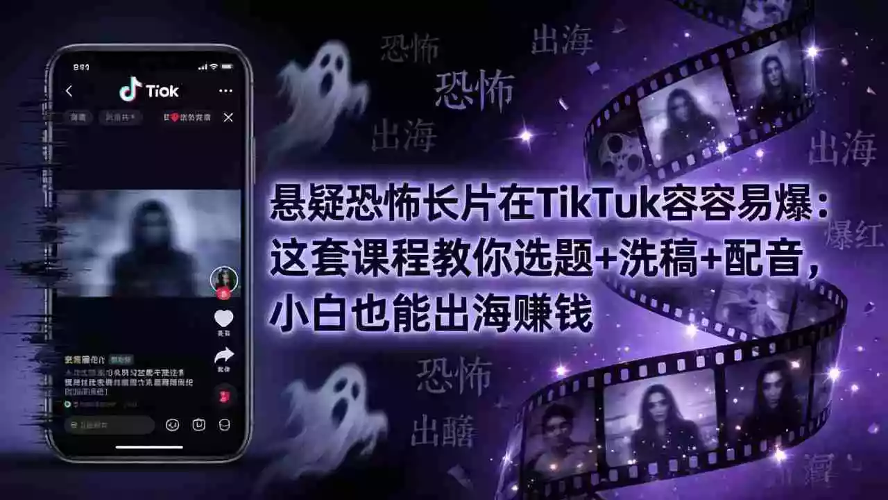 悬疑恐怖长片在TikTok最容易爆：这套课程教你选题+洗稿+配音，小白也能出海赚钱